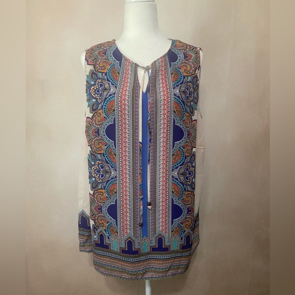 Cynthia Rowley Woman 1X tie front sleeveless artsy boho print tank/tunic EUC - Picture 1 of 6